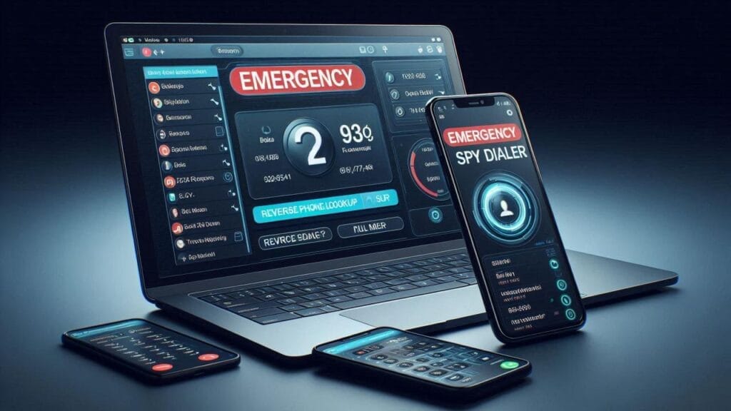 Spy Dialer free phone number lookup tool on laptop and mobile screen