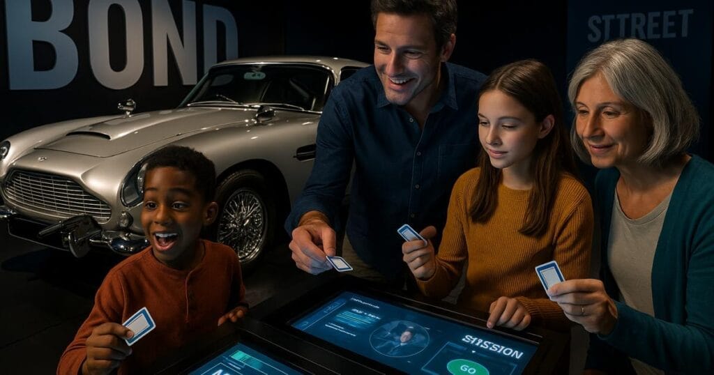 Visitors using interactive AI spy technology displays and modern espionage gadgets at the International Spy Museum